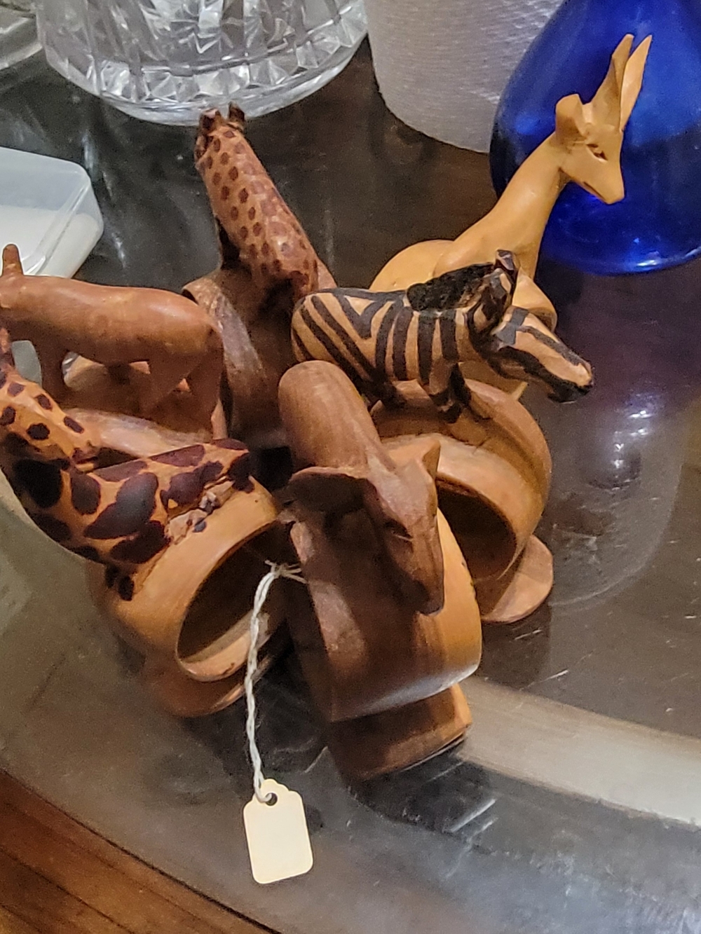 Hand-Carved Wooden Animal Napkin Rings - Brown Zebra, Giraffe, Elephant Set